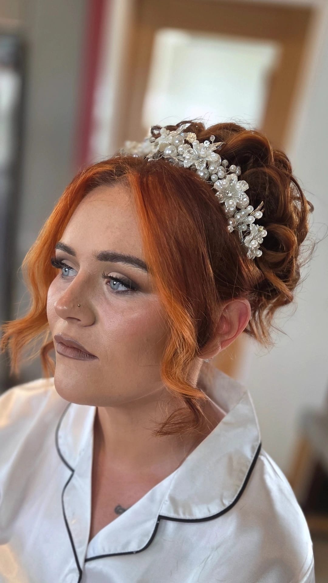 Bridal updo with pearl headpiece — Head Quarters Hair Salon, Longford
