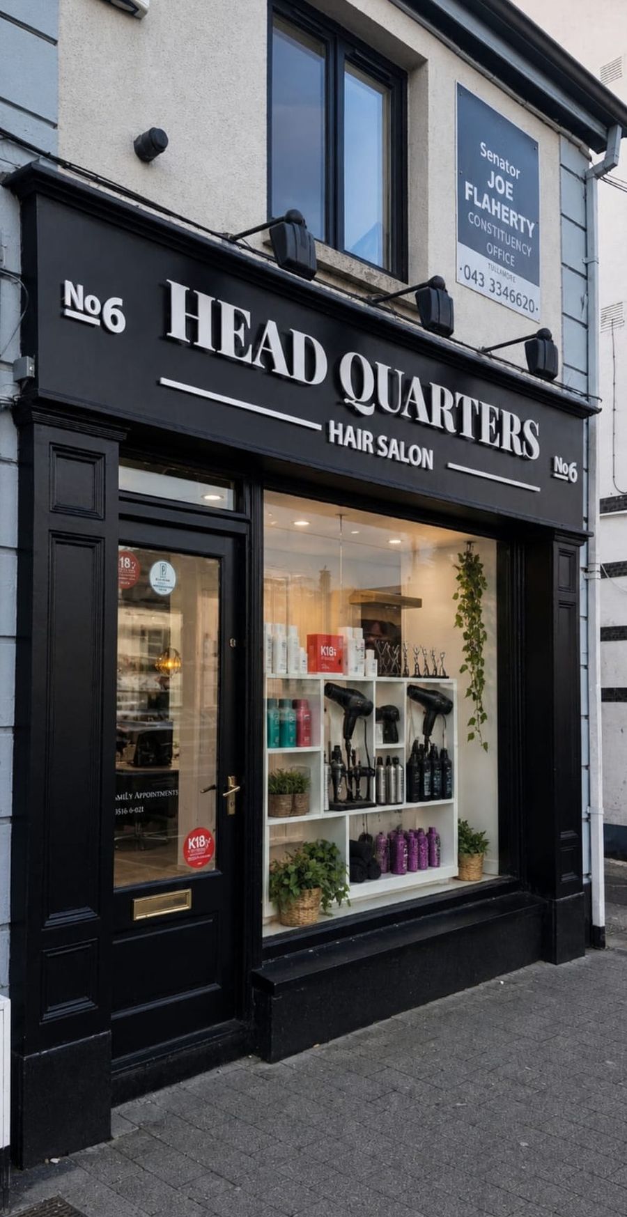 Head Quarters Hair Salon storefront — No. 6 Ballymahon Street, Longford